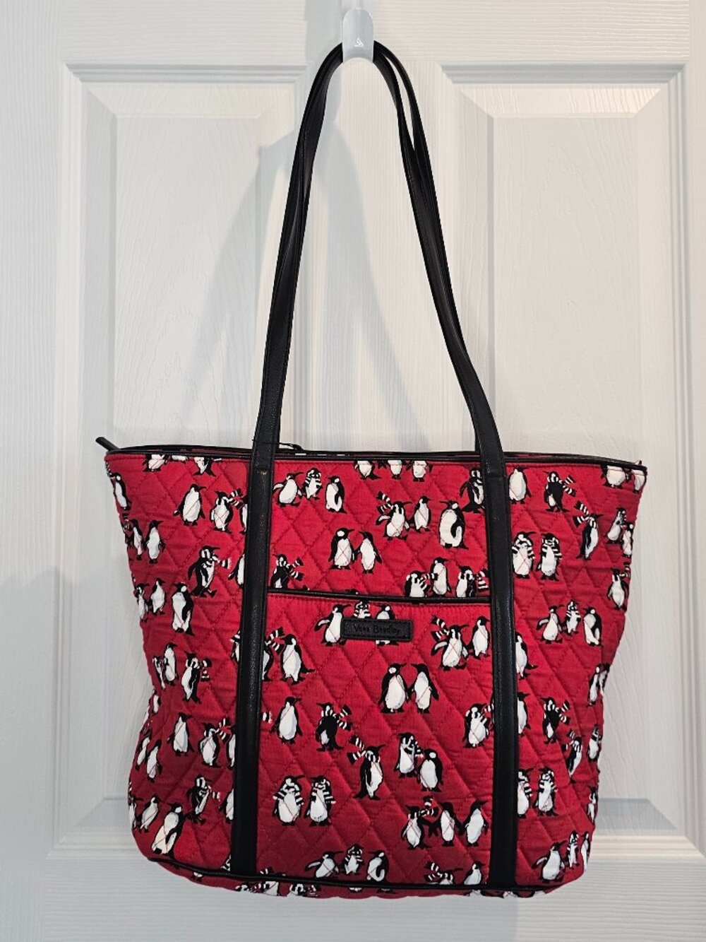 NWT Vera Bradley Small Trimmed Vera Playful Penguins Red Tote Purse Shoulder Bag